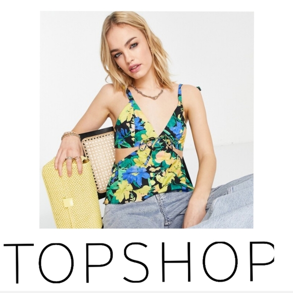 💛Topshop Tropical Floral Cutout Peplum Camisole. Size 8 - Picture 3 of 16